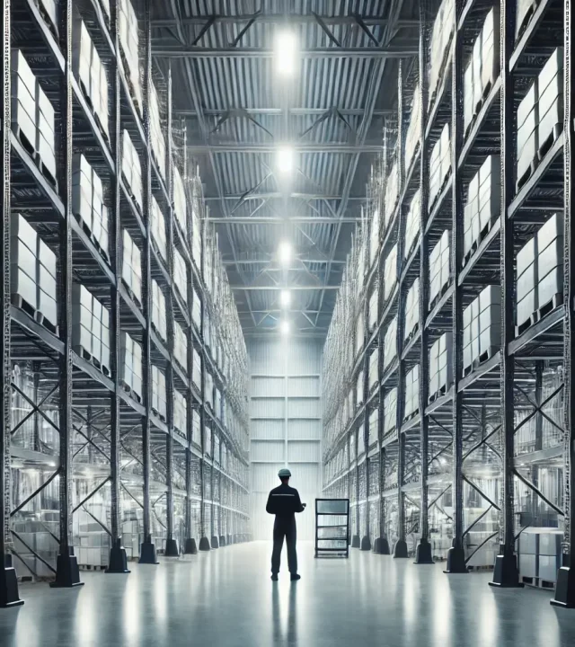 DALL·E 2024-11-20 14.56.27 - A clean and professional industrial warehouse setting with a focus on symmetrical, heavy-duty racking systems and a worker in safety gear performing a